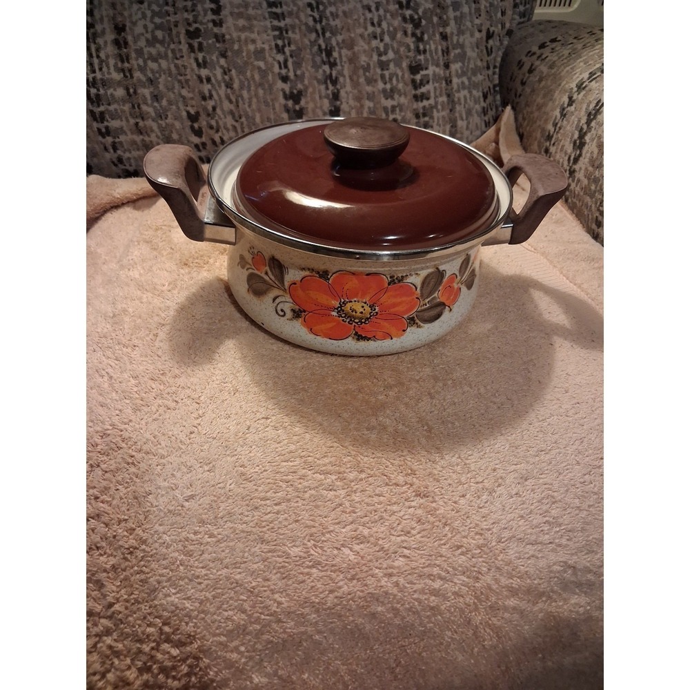 Vintage EnamelSANKO WARE JAPAN DUTCH OVEN Pot with Lid ORANGE POPPY